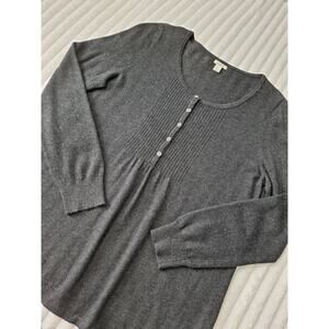 LL Bean Gray Pintuck Henley Long Sleeve Shirt Womens Medium Wool Cashmere